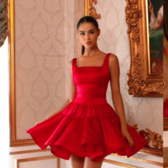 Red Satin Skater Dress, Size 8 & 10 available - Picture 2 of 4